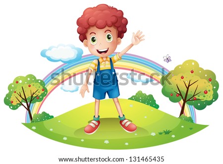 Illustration of a boy waving his hand on a white background