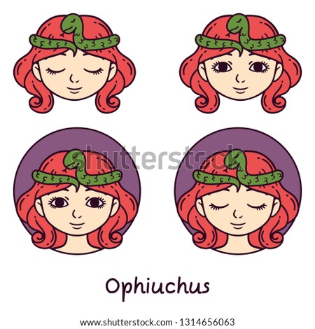 Ophiuchus astrology sign. 13 sign astrology. Set of horoscope signs as women. Zodiac for girls. Illustration of astrological signs. Girls with opened and closed eyes.
