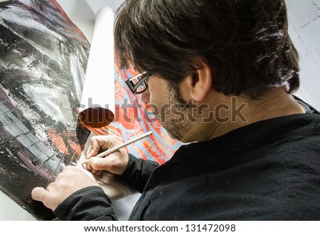 Painter artist signing finished oil canvas set