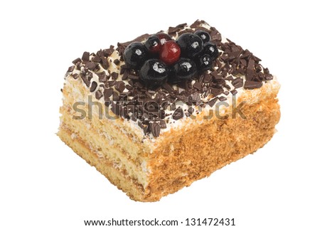 Sponge cake with white cream and chocolate