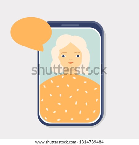 Cartoon young woman talking on the phone with speech bubble. Vector hand drawn illustration.