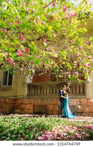 guy and girl standing face to face near a building with a balcony. Magnolia branches with flowers and flowers petals on the ground