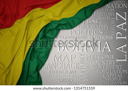 waving colorful national flag of bolivia on a gray background with important words about country . concept