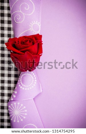 congratulation or valentine gift card with violet background with one red red rose and violet knot and band and plenty copy space for the text