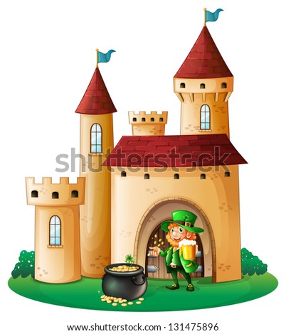 Illustration of a castle with an old man and a pot of coin on a white background