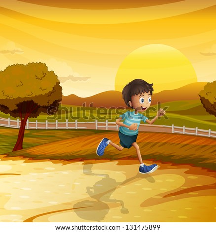 Illustration of a view of the afternoon with a young boy running