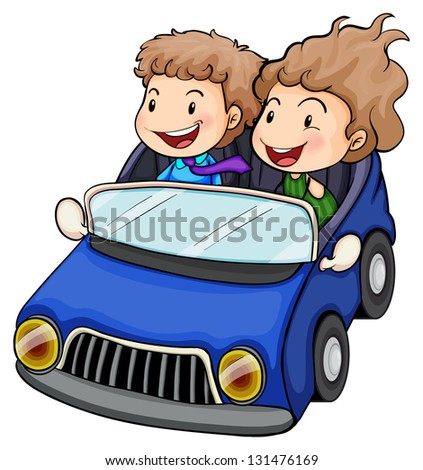 Illustration of a boy and a girl riding a car on a white background