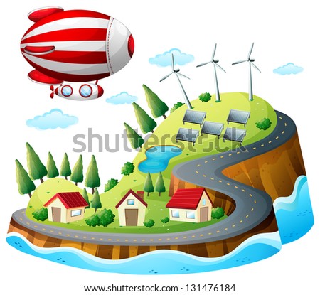 Illustration of a village with an airship above on a white background