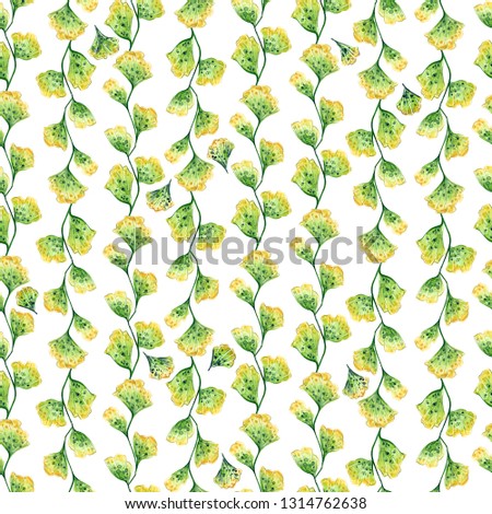 Seamless pattern with exotic Gingko Biloba green leaves,
hand drawn watercolor illustration