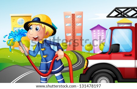 Illustration of a fireman with a hose at the street