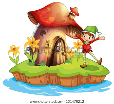 Illustration of a dwarf outside a mushroom house on a white background