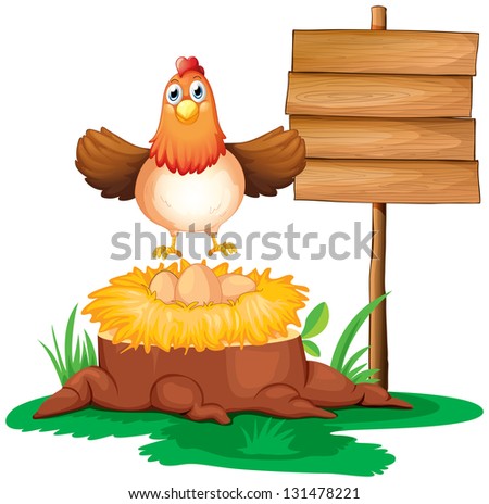 Illustration of a chicken with a nest above a trunk near a signage on a white background