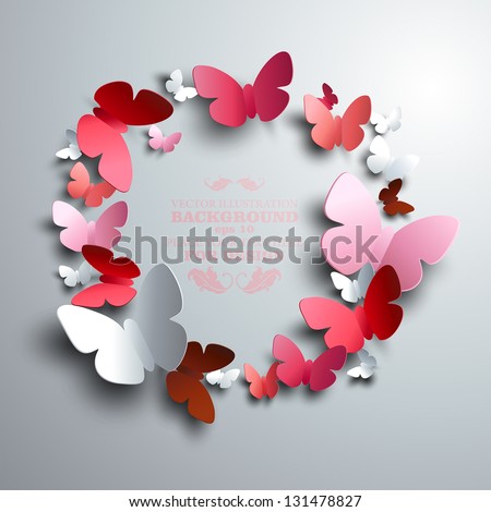 wreath made of white red and pink paper butterflies with free space for your text in the middle