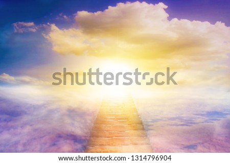 Light in dark sky . Stairs in sky . Religion for the person . Way to heaven  . Religious background . Way to success