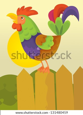 The rooster in the morning with a chicken choir - illustration for the children