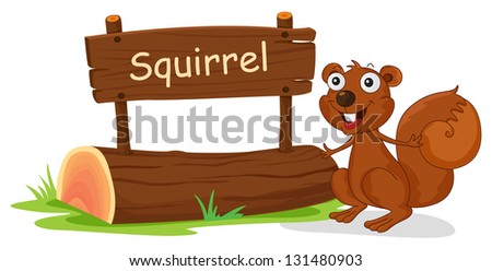 Illustration of a squirrel beside a wooden signage on a white background