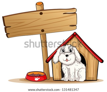 Illustration of a dog inside the dog house with a wooden signboard on a white background