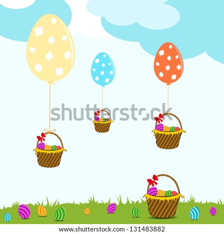 Easter background with colorful balloon in egg shape and bucket having colorful eggs.