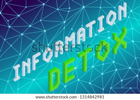 information detox 3d isometric colorful text in white and green colors on cybernetic fractal plexus polygonal grid background, stock vector illustration clip art