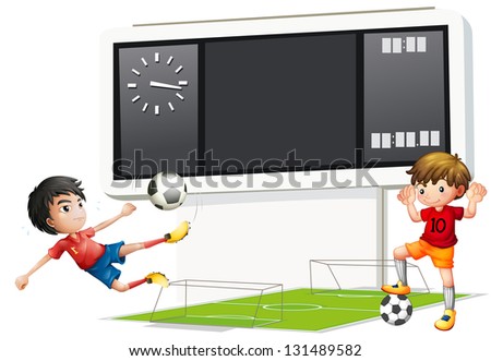 Illustration of the two boys playing soccer with a scoreboard on a white background