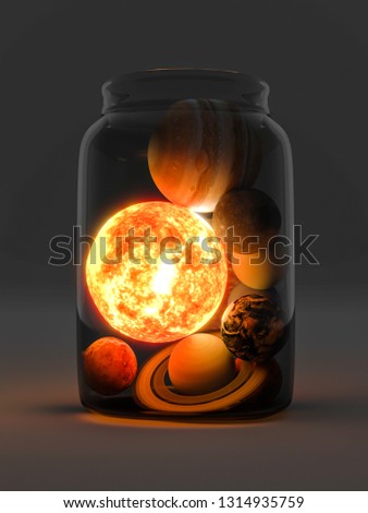 Planets of the solar system in a glass jar. 3D rendering, elements of this image furnished by NASA