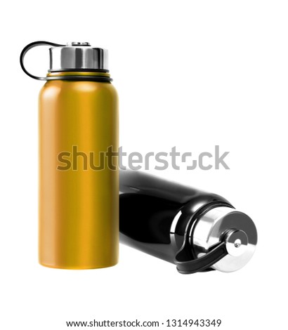 Blue and black thermos, thermo bottle, on white background, isolated