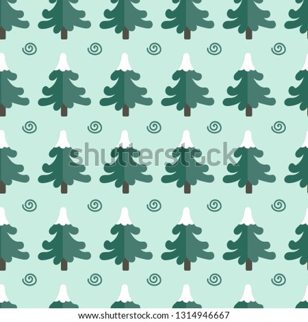 Scandinavian pattern with Christmas trees in snow caps on green background. Pattern for textile, fabric, Wallpaper, wrapping paper, New year holiday, Christmas, background.