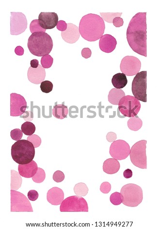 Abstract frame of unevenly distributed  pink circles on a white background, hand drawn in watercolor