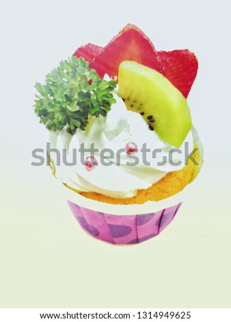 Fruit cupcakes, creamy milk, fresh white, fresh strawberry decorations Kiwi on a white background Pictures for menus or candy catalogs.