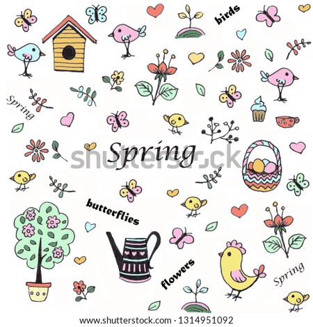 Spring collage of flowers, birds, herbs, butterflies, birdhouse, chickens, chickens, Easter eggs, cupcakes, wood. Made an ink pen in the style of a sketch. Can be used as a background or print 