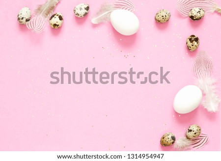 Easter composition with easter eggs and feathering on pink background, space for text - Image
