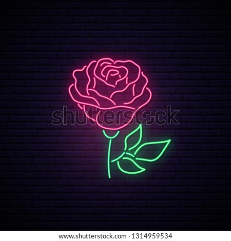 Rose neon sign. Light flower on brick wall background. Vector illustration.