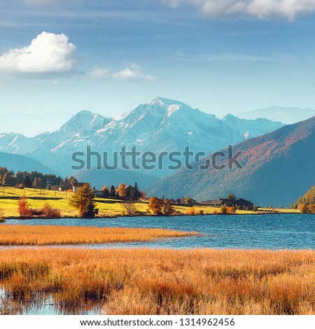 Wonderful Alpine Landscape in Sunny day. Colorful Autumn scene. Picture of wild area.