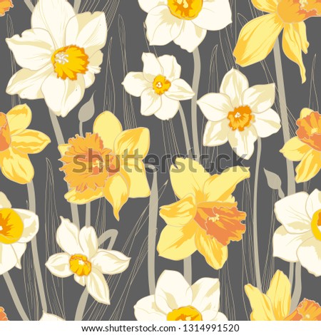 Narcissus spring flowers seamless pattern. Vector illustration.
