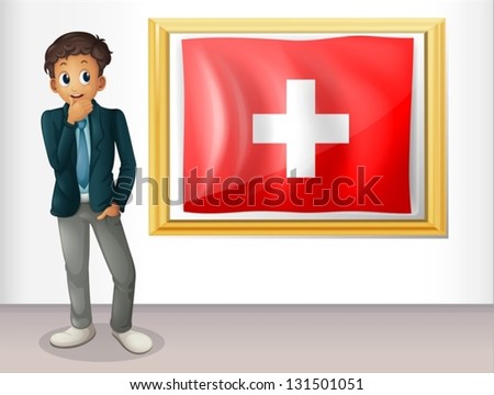Illustration of a man beside the framed flag of Switzerland on a white background
