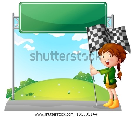 Illustration of a girl holding a racing flag on a white background