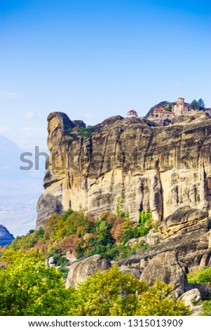 Monastery on cliff in Meteora, Kalambaka Thessaly Greece. Greek destinations. UNESCO World Heritage site.