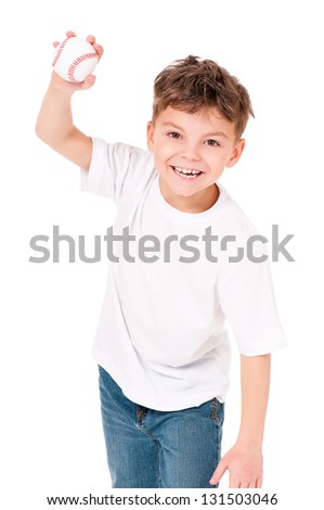 Happy boy with baseball ball, isolated on white background