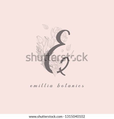 Vector Hand Drawn Flowered E monogram or logo concept. Uppercase Letter with Peony Rose Flowers and Branches. Wildflowers. Floral Design Branding