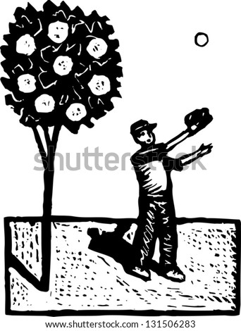 Black and white vector illustration of boy playing baseball in spring