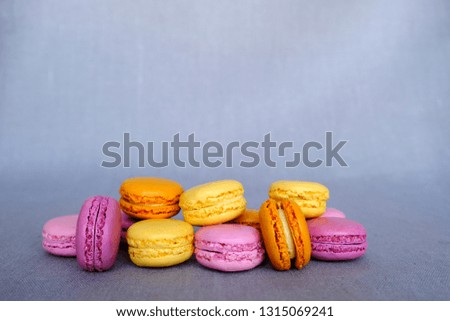 Assorted french macarons on gray background. Copy space