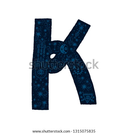 Space alphabet with decorative letter K Stars, moon and constellations Celestial font for kids