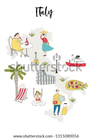 Illustrated Map of Italy with cute and fun hand drawn characters, plants and elements. Color vector illustration.