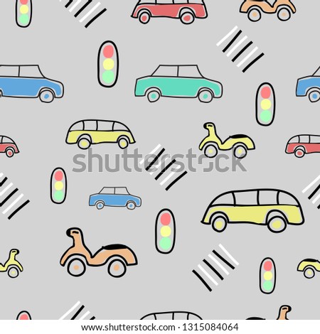 Seamless pattern with on the road elements, car, bike, bus, Traffic lights, crosswalk
