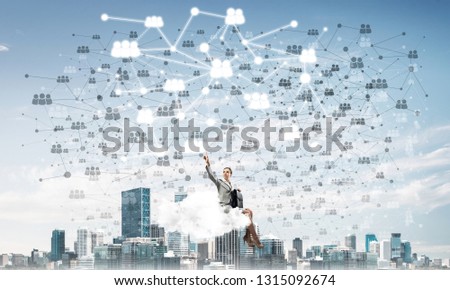 Businesswoman sit on cloud over city and pointing connection concept. 3d rendering