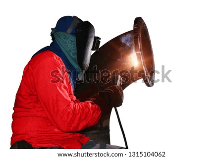 Worker Welding Metal Steel pipe isolated on white background.