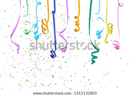 Colorful confetti and serpentines falling over white background