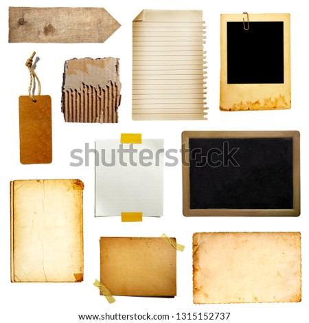 collection of various vintage note paper, tape, price label, wood sign on  white background