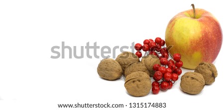 Unusual composition, apples with walnuts, with viburnum berries