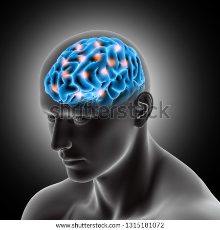 3D render of a male medical figure showing brain with highlights